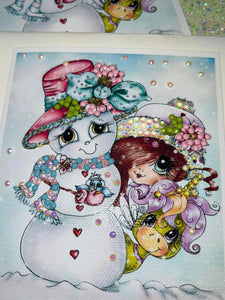 NEW~CARD KIT~DIY~ Made In The USA ~FREE STYLE Creative- WIP UPS Specialty Canvas Kit ~ "Pinky Unicorn  & The Snowman" By Sherri Baldy" DIY Partial Diamonds PRINT KIT